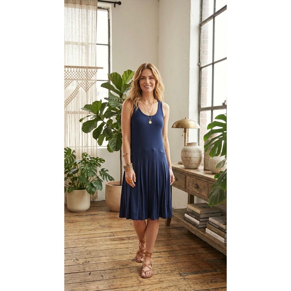 Anthropologie Navy Blue Mixed Media Pleated Drop Waist Dress Petite XS XSP